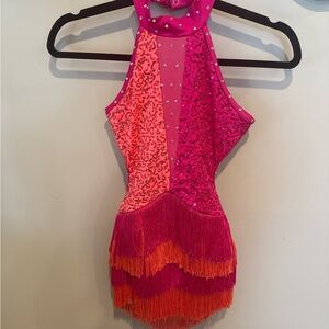 Weissman Pink and Orange Fringe medium child Dance Costume